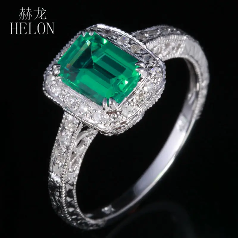 HELON 7X5 мм 0.81ct Изумруд проложить 0.2ct бриллианты хорошее Кольцо Настоящее 10 к белое золото обручальное свадебное Арт Деко женское Ювелирное кольцо