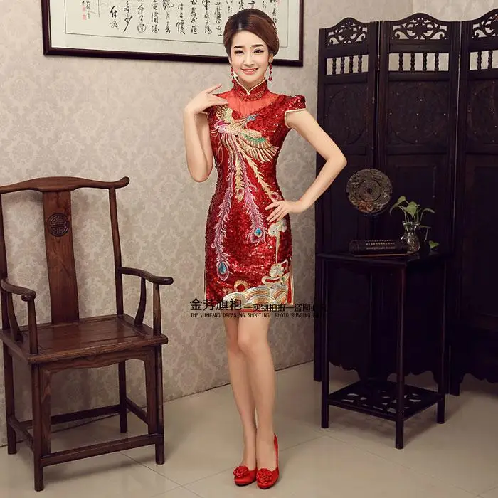 Красный Bling Для женщин Cheongsam Китайский Стиль блестками платье с Фениксом Bodycon блеск вечерние Макси платья-деко Ретро Lentejuelas Qipao - Цвет: Style A