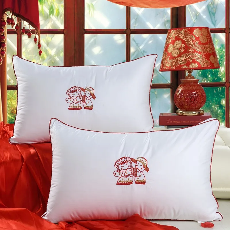 Китайская Свадебная подушка хлопок 60 S высококачественная ткань домашнее постельное белье пух перо наполнение красный матч белый
