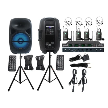 

STARAUDIO Pair 15 Inch Powered 2500W DJ Audio Speakers PA Stage Stands 4 Channel UHF Wireless Headset Lapel Microphone SCS-15RGB
