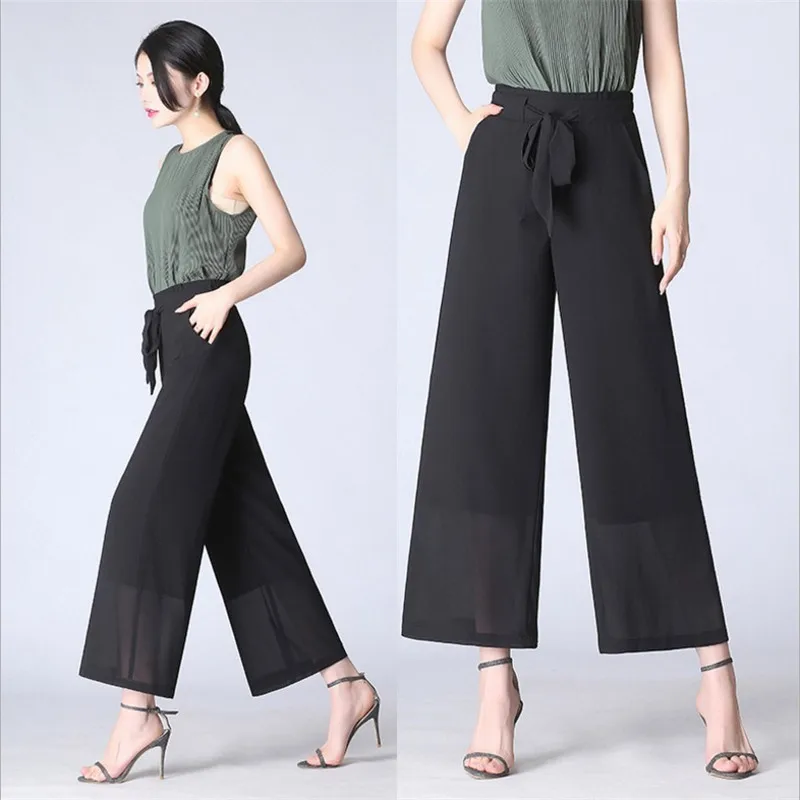 2018 Summer New Style Women's Pants Broad Leg Chiffon Loose High Waist ...