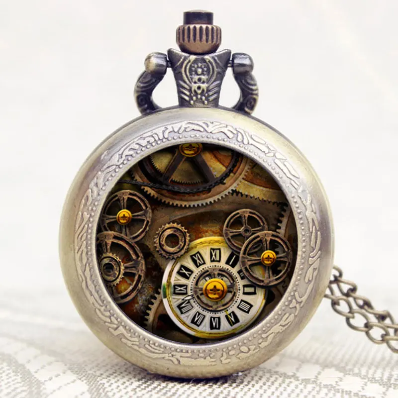 Часы шестерни тема стекло купол корпус дизайн цепочки и ожерелья карманные часы Best подарок для мужчин/для женщин