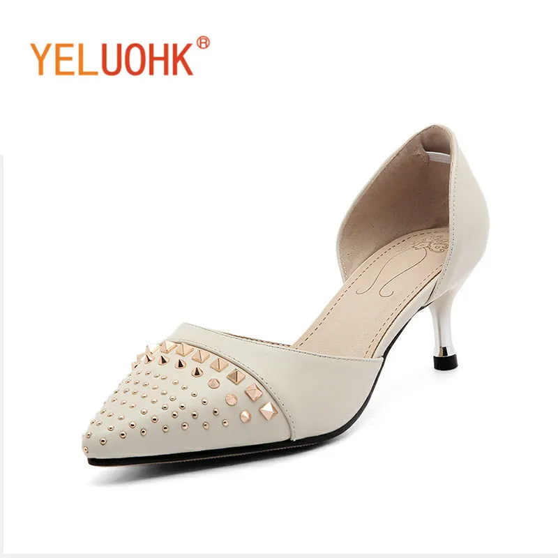 

Rivet Shoes Heel Women Genuine Leather Shoes Women Heels 5.5 CM High Heels High Quality Women Pumps Black Beige
