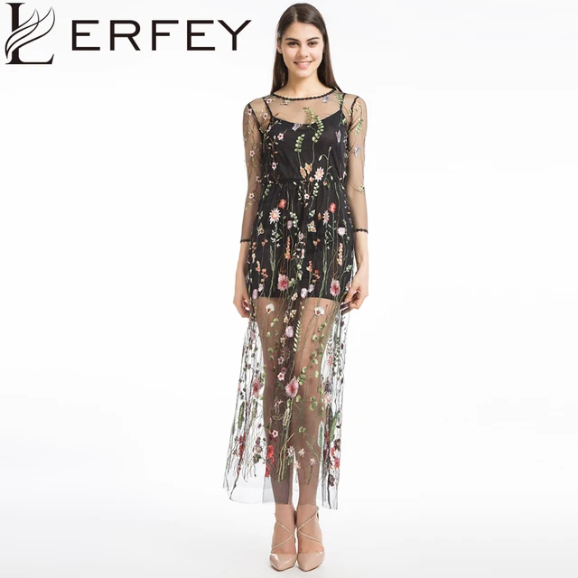 Lerfey Women Embroidery Flower Casual Dress Summer Two Piece Mesh Lerfey Women Embroidery Flower Casual Dress Summer Two Piece Mesh Maxi Black Dresses Long Y