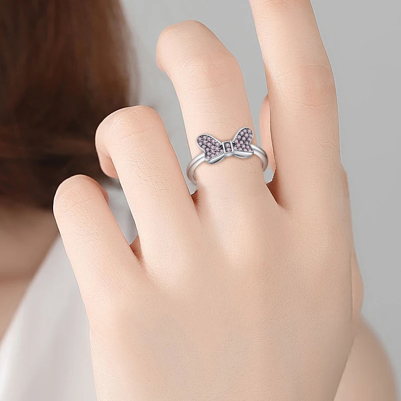 ELESHE Cartoon Disny Minnie's Sparkling Bow Ring with Pink Clear CZ 100% 925 Sterling Silver Rings Jewelry 2018 New Collection