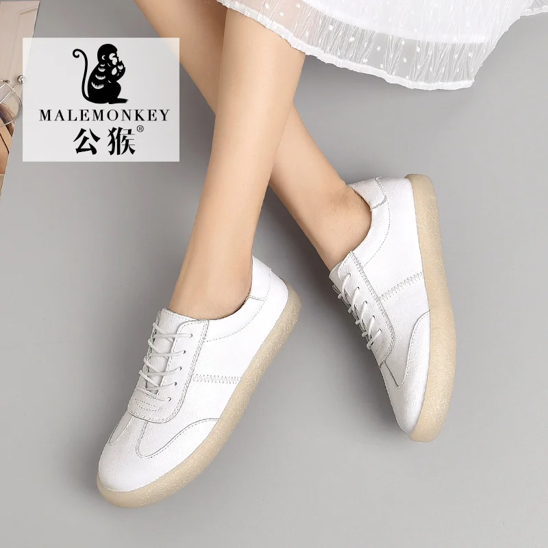 

Sneakers Women Genuine Leather Flat Low Heel Platform Ladies Lace Up Fashion Breathable Shoes Women 2019 White Nude
