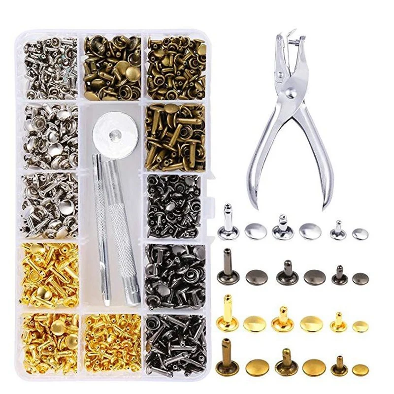 

360Pcs 3 Sizes Leather Rivets Double Cap Rivet Tubular Metal Studs with 4 Fixing Set Tools for Diy Leather Craft, 4 Colors (Go