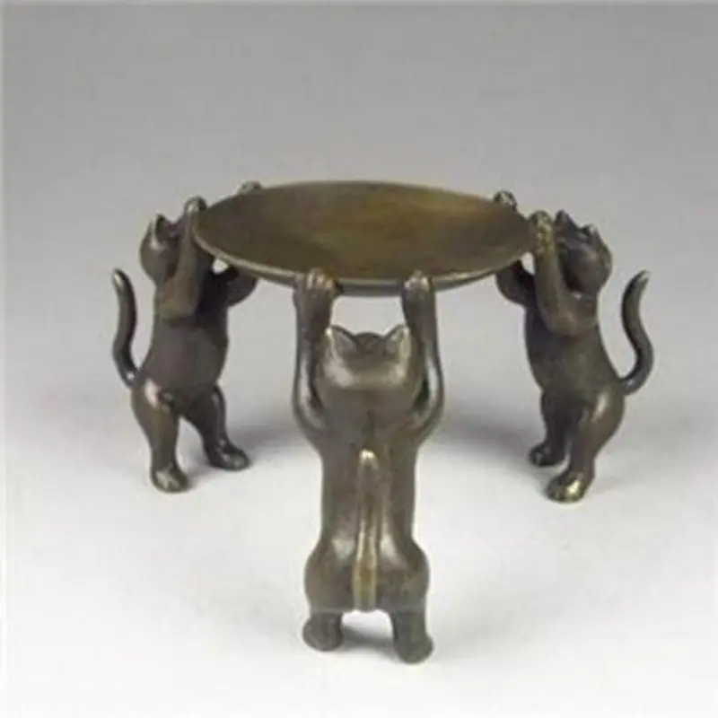 Placa de bronce China gatos Animal 3 gato lámpara de aceite candelabro estatua