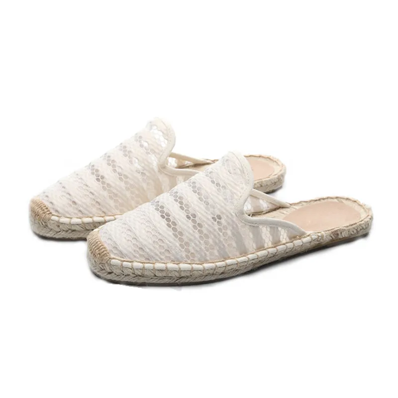 Women Half Slippers Espadrilles Lace Cut-outs Black Women's Sandals Wear Simple Slides Casual Ladies Mules Flat Fisherman Shoes  (18)