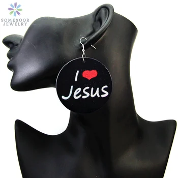 

SOMESOOR Painted Christian African Women Wood Drop Earrings I Love Jesus God Afro Ethnic Jewelry For Girls Ladies' Gifts 1pair