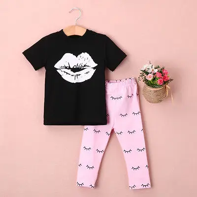 Kids Baby Girls summer clothes set 2pcs suit Lips Tops and eyelash Pink Pant children's clothing sets