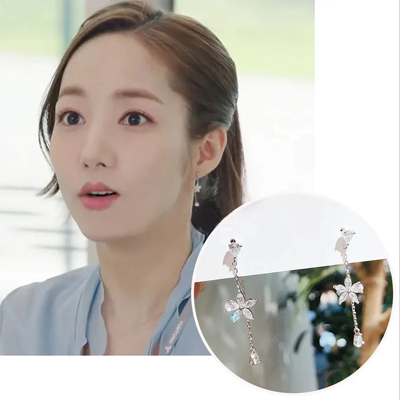 

2019 Korean TV Star Zircon Flower Petal Drop Earrings For Women Elegant Rhinestone Long Line Pendientes Jewelry Girl Party Gifts
