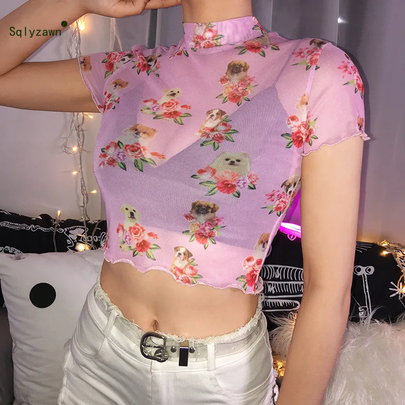 

Women Streetwear Kawaii Turtleneck Pink Mesh Crop Top Sweet Flower and Animal Print Short Sleeve Ruffle T-shirt Transparent Tees