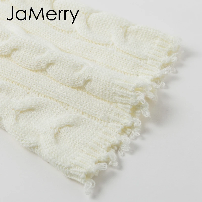 JaMerry винтажный белый вязаный свитер для женщин с высоким воротом с расклешенным рукавом и бахромой пуловер Джемпер Осень Зима сплошной Женский свитер
