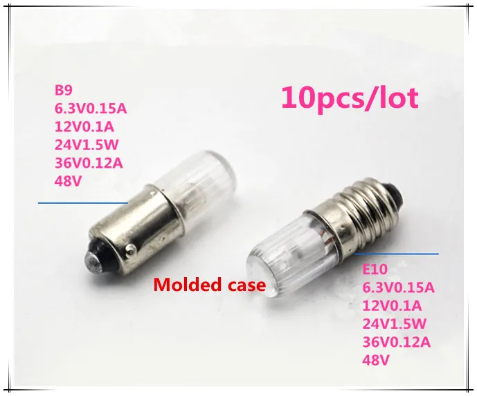 Формованные чехол лампы E10 6.3V0.15A индикатор E10 12V0. 1A маленькие Ламповые бусины B9 24V1. 5 Вт сигнальный светильник шарик B9 байонетный свет 10 шт./лот