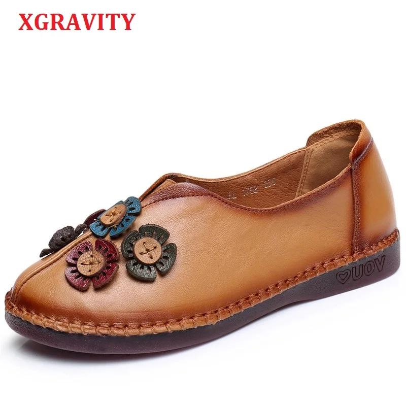 

XGRAVITY Autumn Comfortable Lady Round Toe Woman Flat Shoes Elegant Genuine Leather Flower Flats Ladies Fashion Floral Shoe A046
