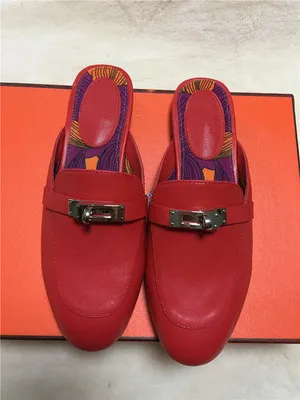 

Metal Lock Decor Women Slipper Leather Women Shoes Hot Brand Designer Women Flats Round Toe Chic Spring Autumn Chaussures Femmes
