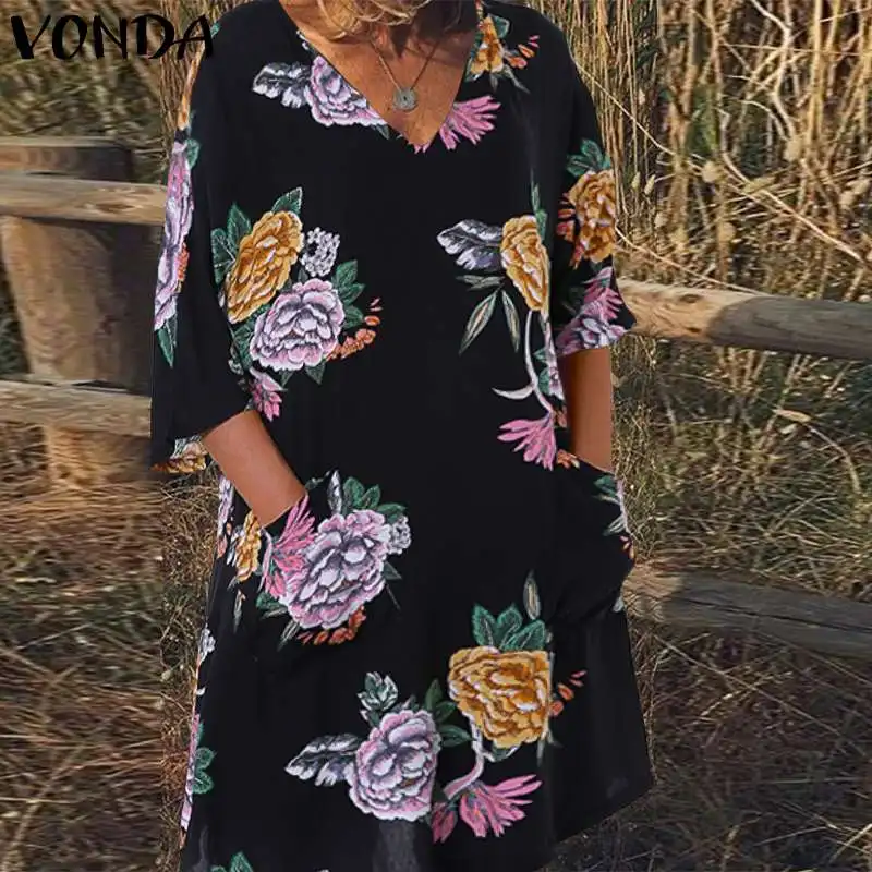 VONDA женские летние пляжные платья винтажные с v-образным вырезом и коротким рукавом с цветочным принтом мини платья богемные Vestido Большие размеры Robe Femme