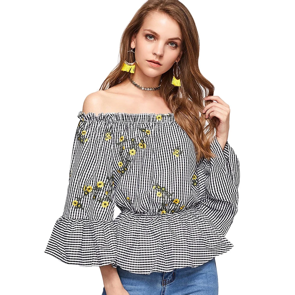 Women Embroidered Checked Off The Shoulder Blouse Sexy Slash Neck Tops