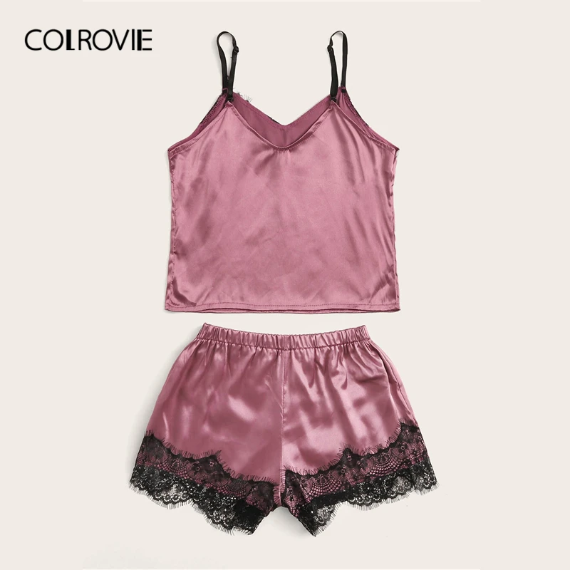 Женский Атласный пижамный комплект COLROVIE фиолетовый с шортами цветочным кружевом