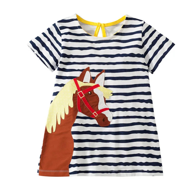 Брендовые платья для девочек с аппликацией в виде лошади; дизайн; хлопковая одежда для маленьких девочек; летняя детская одежда в полоску с вышивкой; платья - Цвет: S0466 Horse stripe