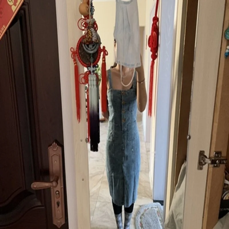 2019 Summer Women Denim Dress Sundress Cotton Overall Dress Jeans Dress with Slit Female Skinny Style Long Dresses
