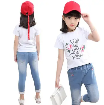 

2Pcs Fashion Clothes For Girls Clothing Set Summer Cotton White T-shirt Tops + Pencil Denim Jeans Pants outfits costome
