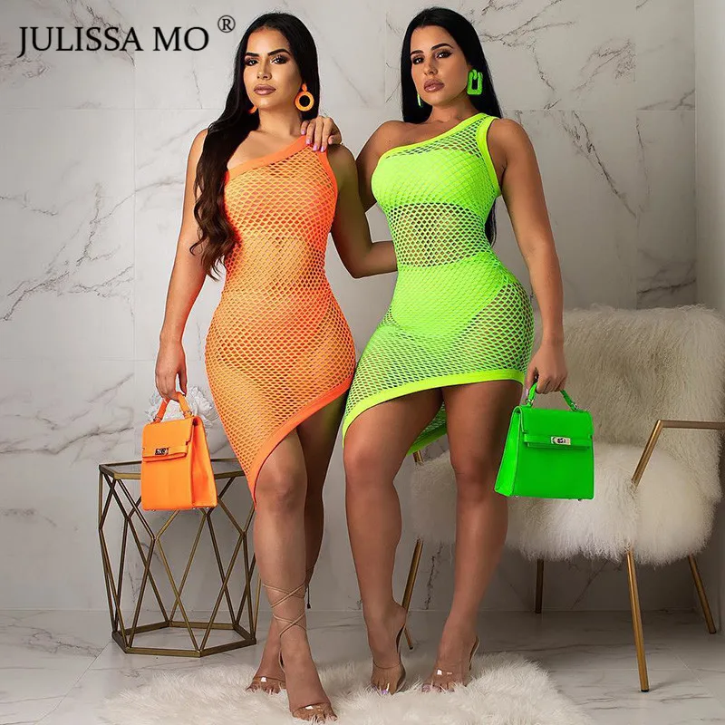 

JULISSA MO Sheer Mesh Patchwork Bodycon Dress Women One Shoulder Backless Dress 2019 Summer Hollow Out Beach Dresses Vestidos