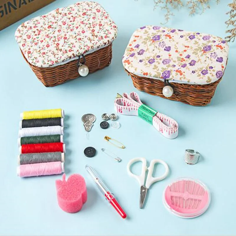 

Practical Rattan sewing kit portable Thread Needle box set Scissor storage box DIY Handcraft Tool Sewing Accessorie