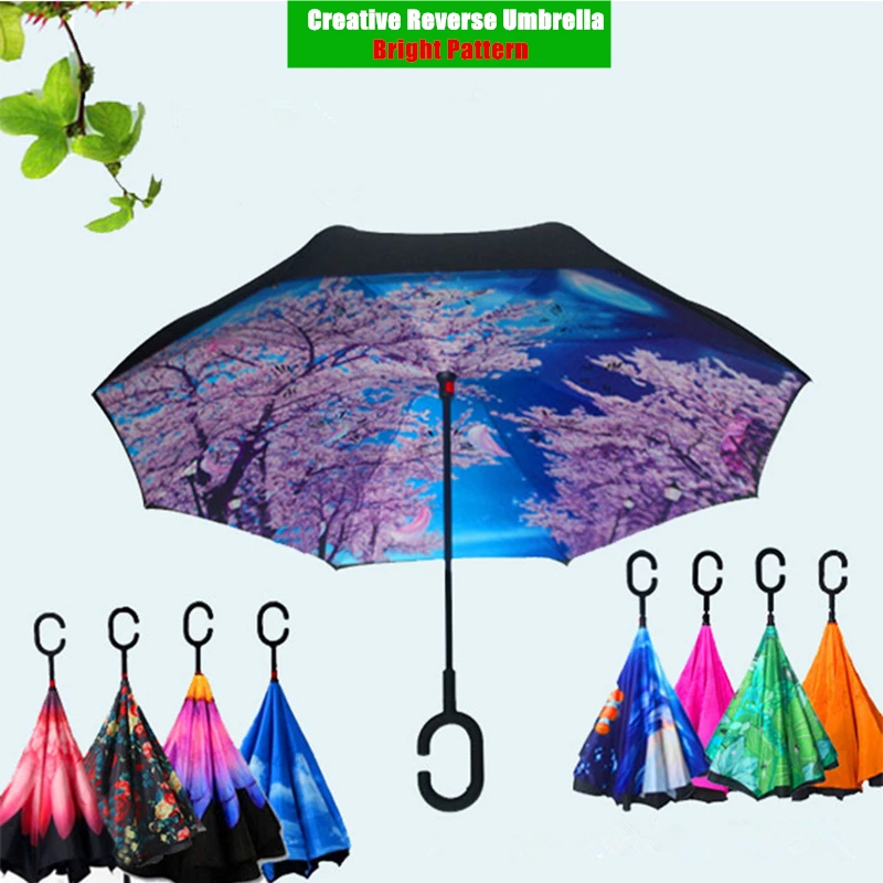 

Creative C Hook Handle Reverse Folding Quality Brand Bright Pattern Double Layer Windproof Rainy Sunny Umbrella Car Men Women