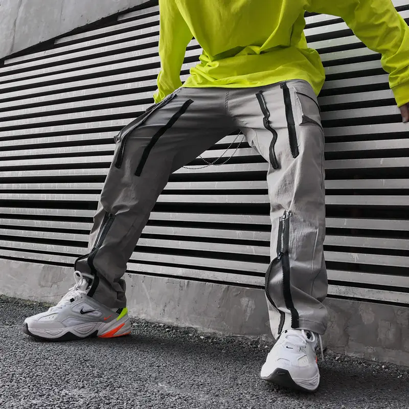 Red Function Multiple Zipper Cargo Pants Men Harajuku Hip Hop Multi-pocket Casual Pants Youth Personality Straight Trousers
