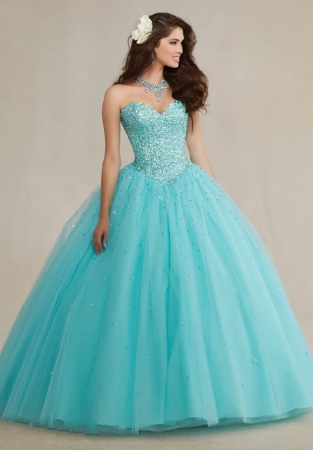 Sparkly Ball Gown Crystals Corset Puffy Tulle 2019 Turquoise Quicneanera  Dress For Girls 15 Years Masquerade