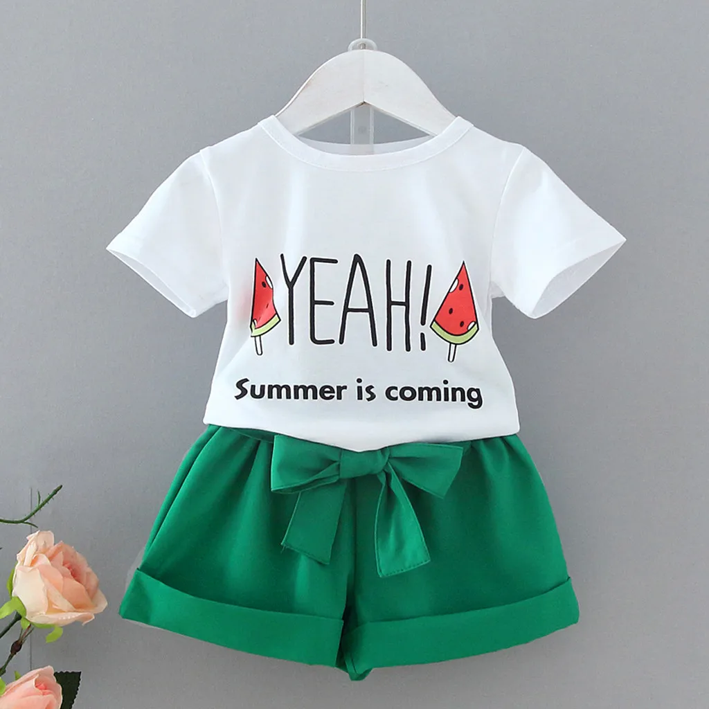 

Toddler Kids Baby Girl Clothes Set summer 2019 New Letter Fruit Tops T-shirt +Solid Bowtie Short Pants party Girl Outfit kleding
