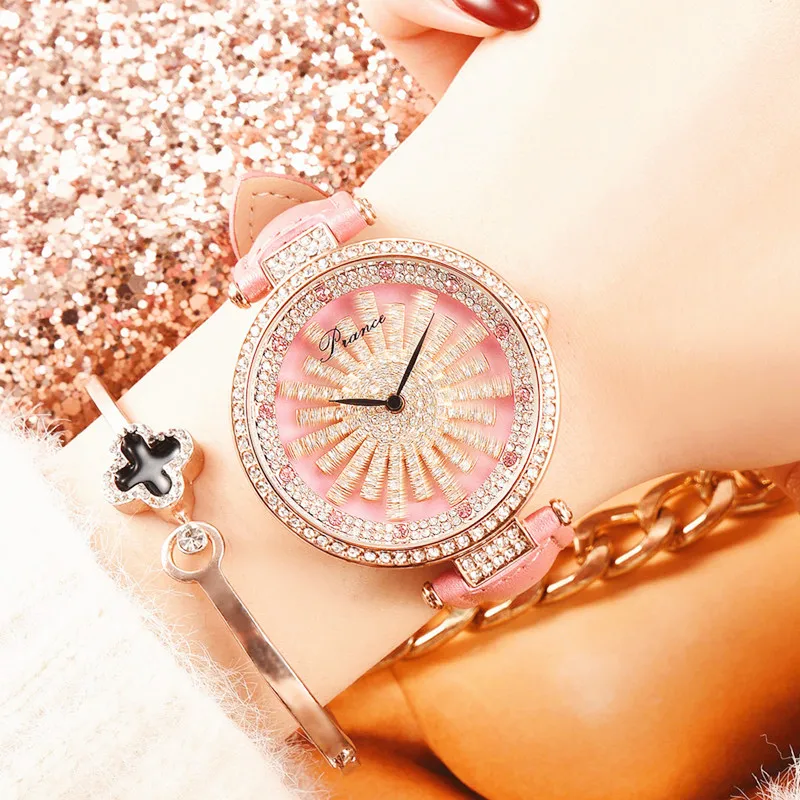 

Multicolor Irregular Rotary Women's Quartz Watch Hot New Fashion Full Rhinestone Leather Strap Women's Fashion Watch
