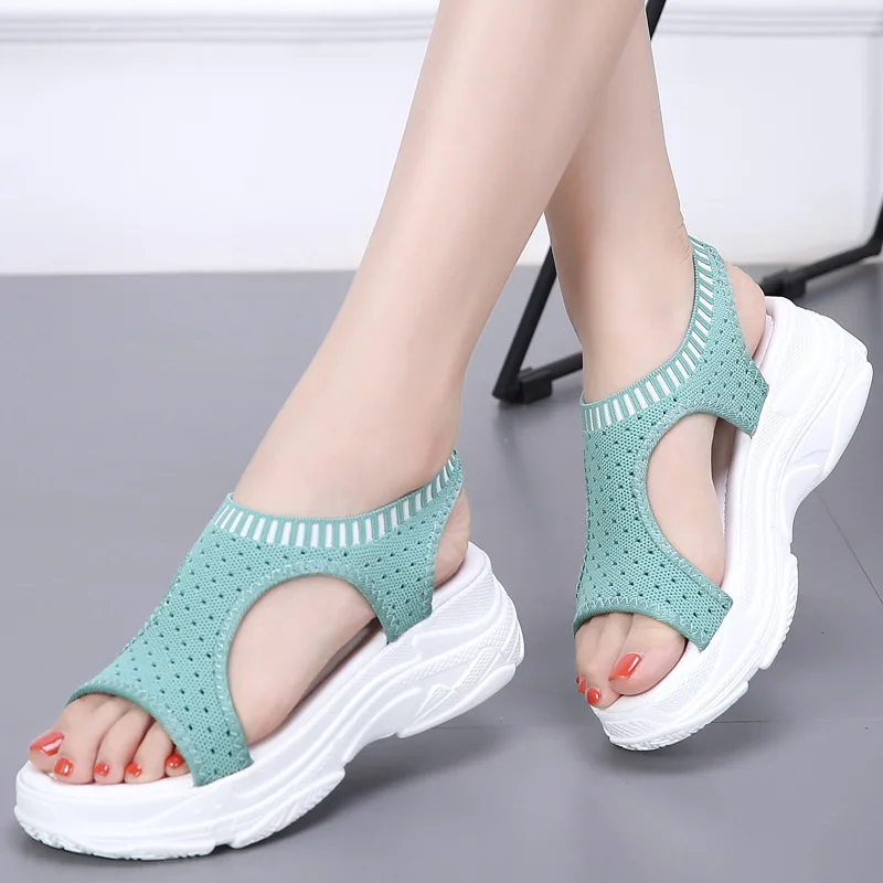 JINBEILEE Fashion wild elastic band sports sandals women's thick bottom fish mouth mesh increased single shoes