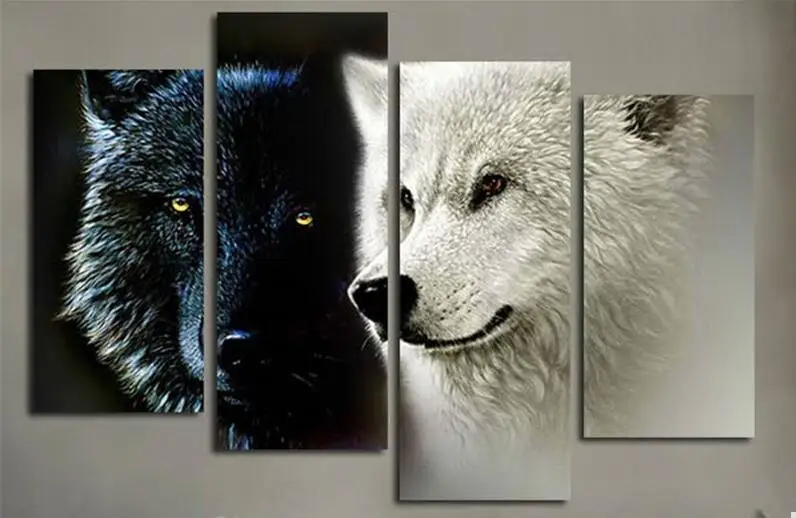 4 Piece Big Wall Art Picture Black And White Two Wolf Animal Canvas