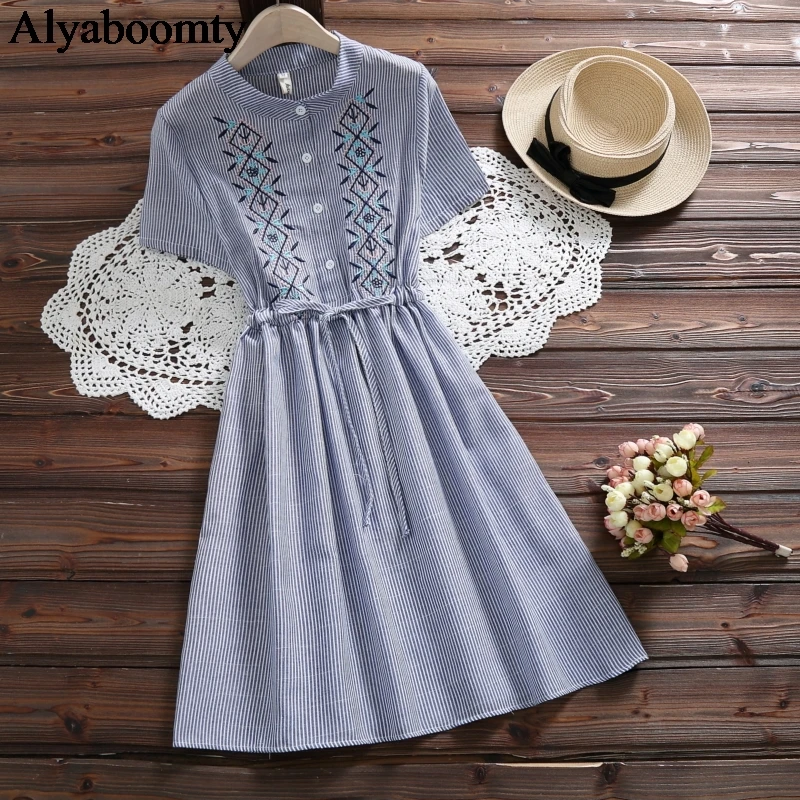 

Vintage Casual Summer Women A-Line Dress Stripe Cotton Linen String Vestidos Mujer Short Sleeve Mori Girl Mini Embroidery Dress