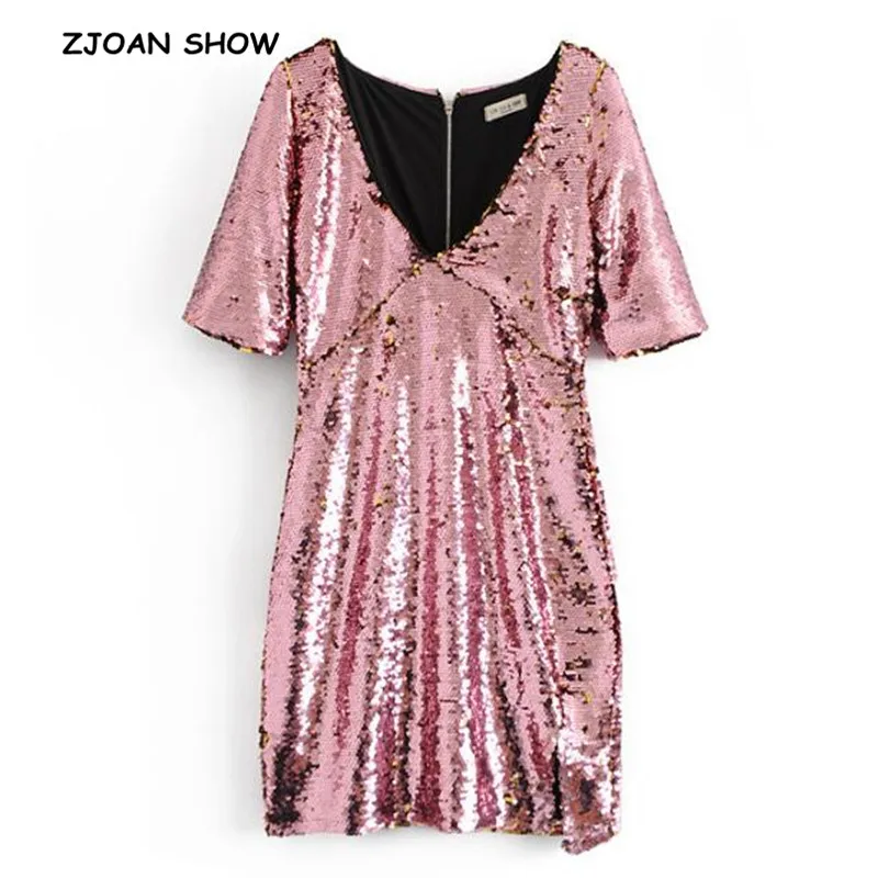 

2019 New Spring Pink Color Short Sleeve Gold Sequin Mini Dress Woman Sexy Deep V neck Split Short Party Dresses Femme Vestido