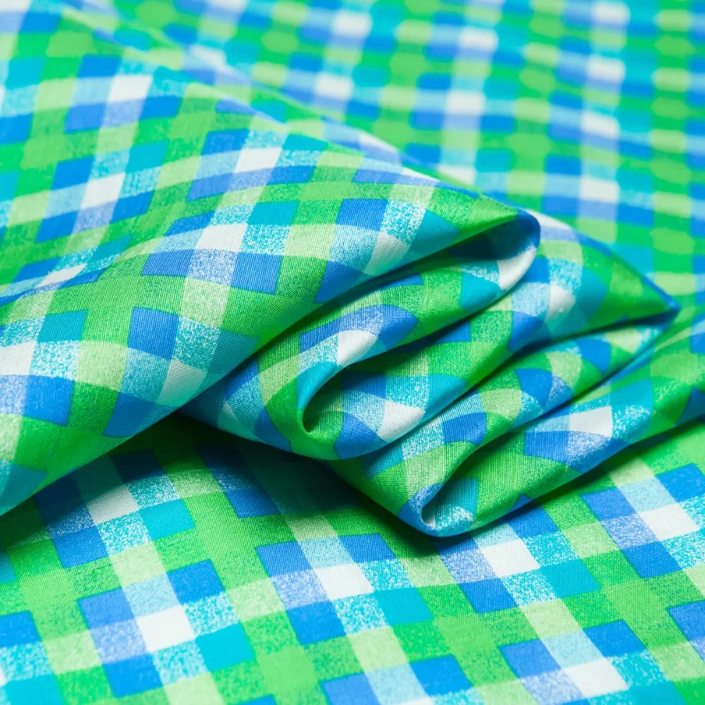 

Fresh small plaid and check pattern pure silk dupion fabric, blue and green, sewing for dress, skirt, blouse, home, craft by the