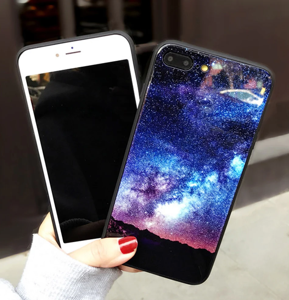 TOMKAS Temper Glass Case For iPhone X 8 7 6 6s Plus Cover Phone Cases For iPhone X 8 7 6 s Case Silicone TPU PC Star Sky Pattern (22)