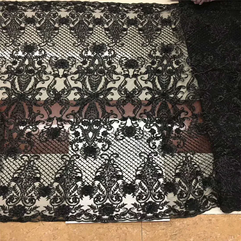 

2018 Latest beaded lace fabric African mesh lace fabric with beads Nigerian beaded net lace fabric for dress HX480-2