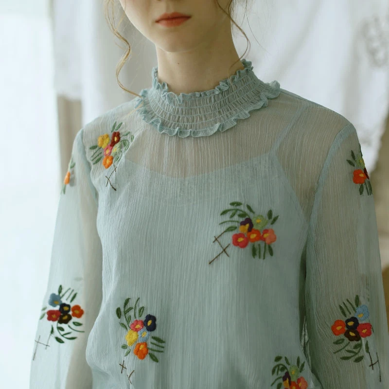  LYNETTE'S CHINOISERIE Spring Autumn Women Vintage Embroidery Mori Girls Lace Patchwork Blouse Shirt