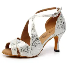 Высокая Скидка; Серебристые Сатиновые туфли для латинских танцев; женские танцевальные туфли для взрослых; танцевальные сандалии на высоком каблуке с квадратным каблуком из змеиной кожи; подарок S