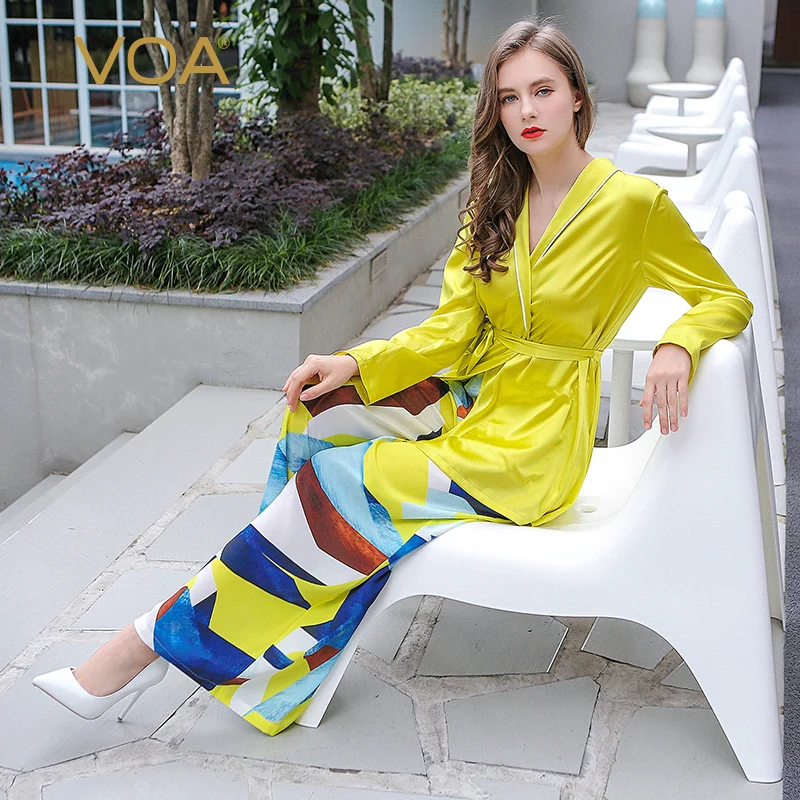

VOA 2018 Autumn Yellow Long Sleeve Sleepwear Two Piece Set Belt Casual Comfort Silk Pajamas Plus Size Women Nightgown NLH00101