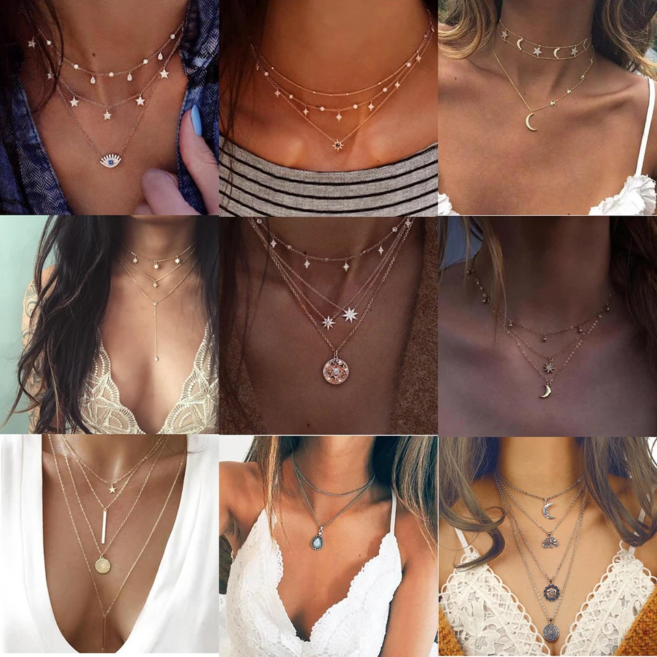 

Miss JQ Vintage Multilayer Crystal Pendant Necklace For Women Gold Color Beads Moon Star Horn Crescent Choker Necklaces Jewelry