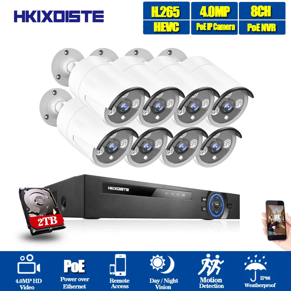 HKIXDISTE HD 8CH 4MP POE security camera System Kit H.265 POE IP Camera