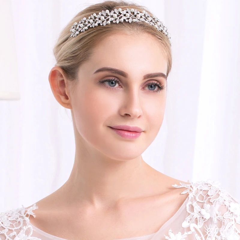 Rhinestone Pearls Crown Headband Vintage Crystal Bridal Tiaras Wedding Hair Jewelry Leaves Princess Diadem for Women Miallo hair accessory jewelry accessories hair headdress bridal headwear hair band crown
