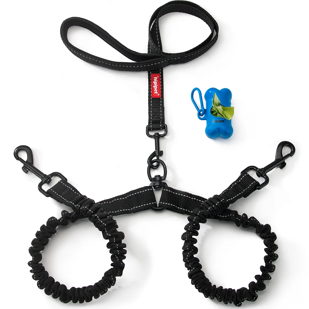 

Hipidog Double Dog Leash Dual Dogs Leashes Reflective Bungee Shock Absorbing No Tangle Soft Padded Handle for Two Dogs