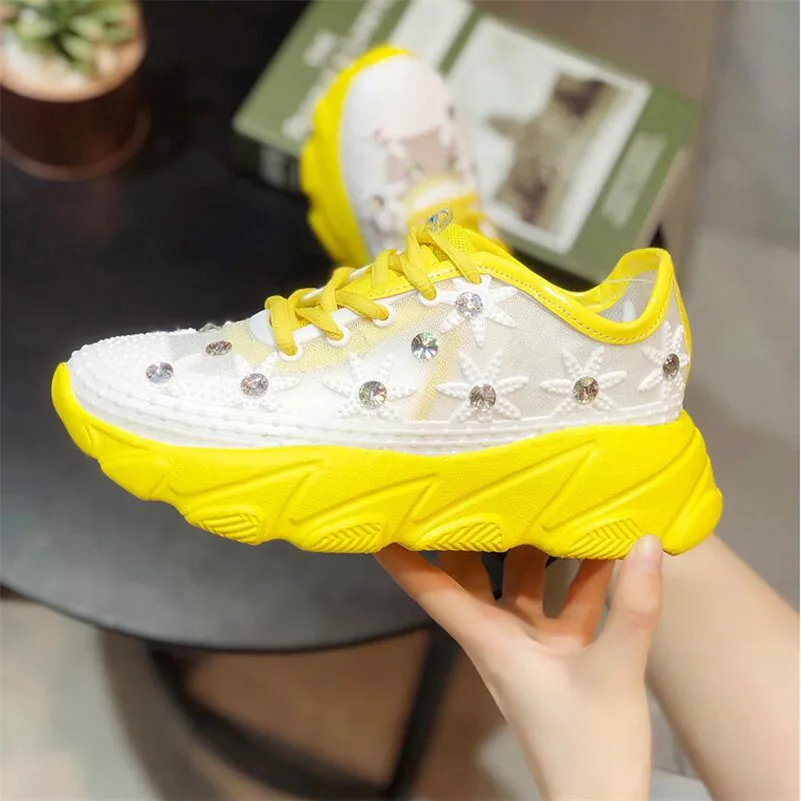 

European station new mesh rhinestone thick-soled muffin wedges hollowed out sneakers small white shoes women's shoes