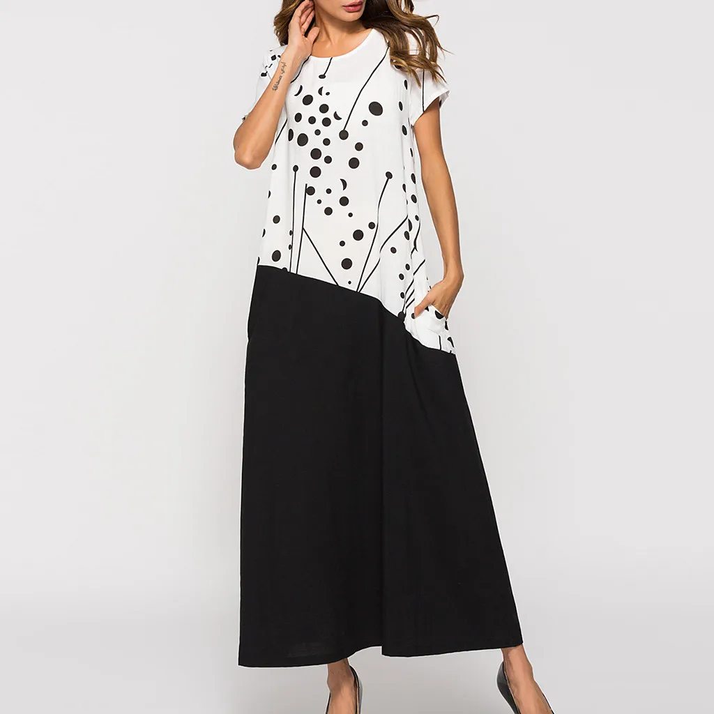 

Women Summer Dress 2019 Sundress Vintage Loose White Print Short Sleeve Ladies O-Neck Casual Ankle-Length Dress L507